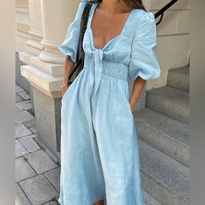 Light Blue Linen Cotton Front Tie Midi Dress